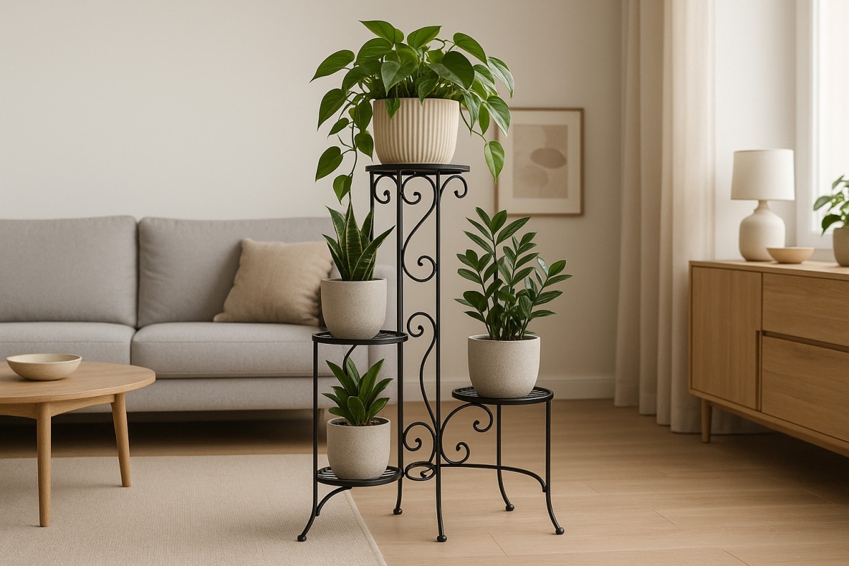 A plant stand as a living room decoration. What to combine it with?
