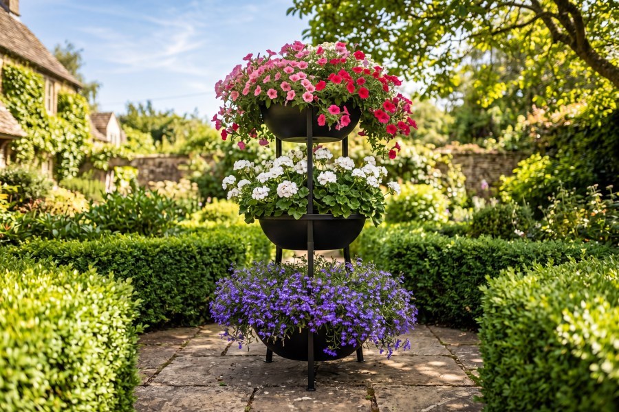 Versanis cascade garden metal plant stand with flowering plants