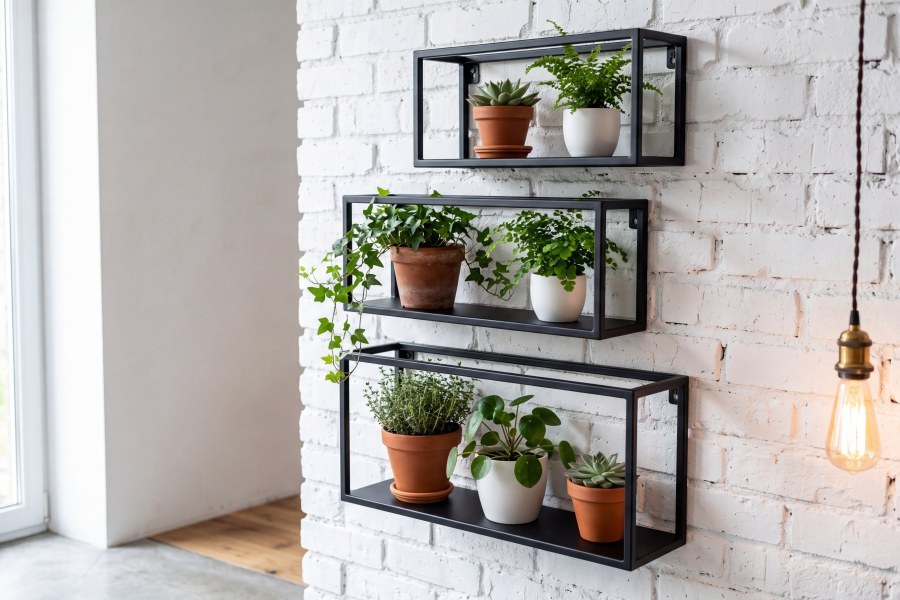 Versanis wall-mounted metal plant shelves on a white brick wall