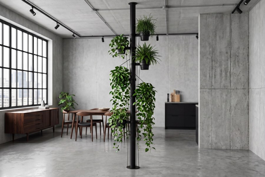 Versanis ceiling-mounted tube plant stand in a loft interior