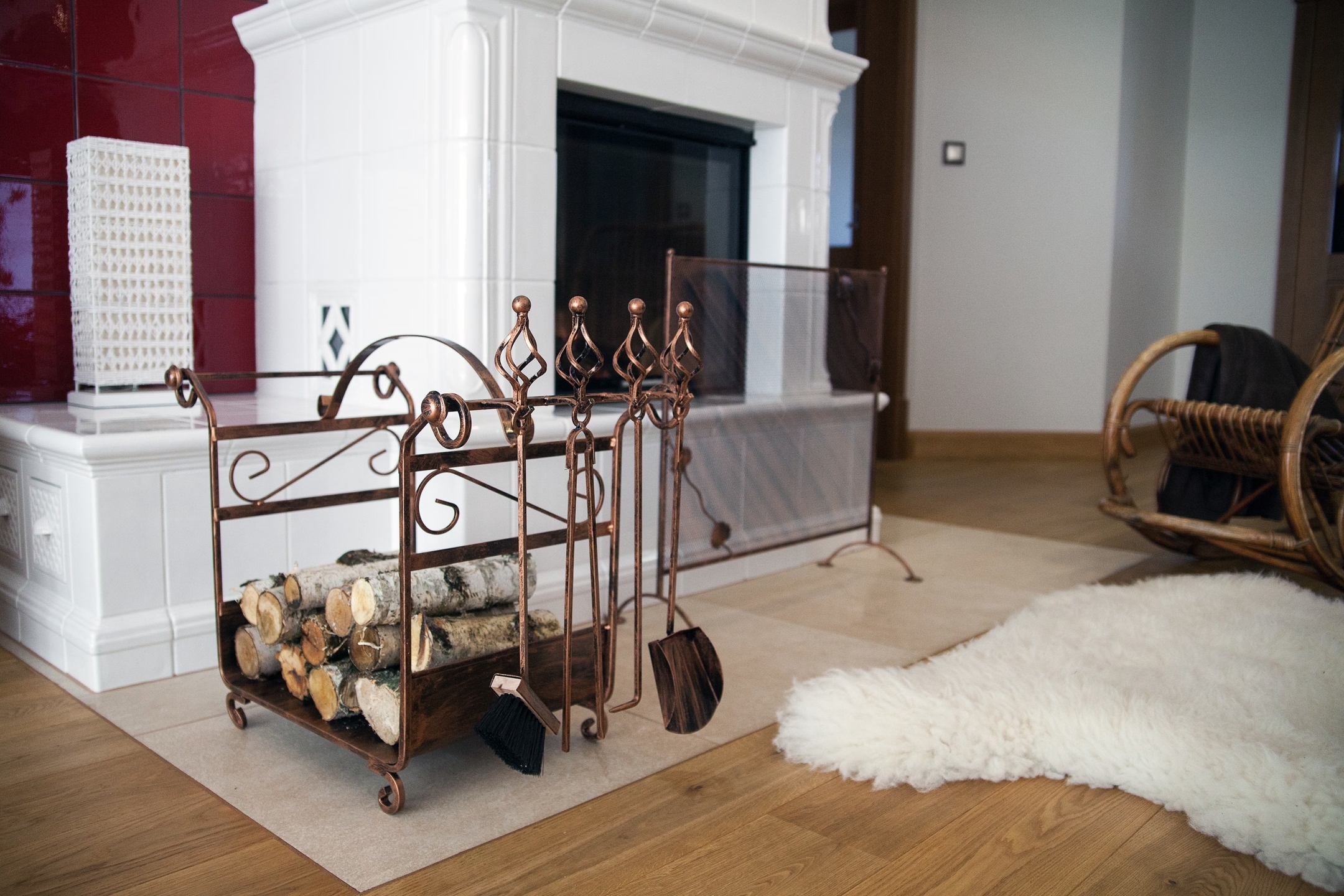 Large fireplace set with wood basket