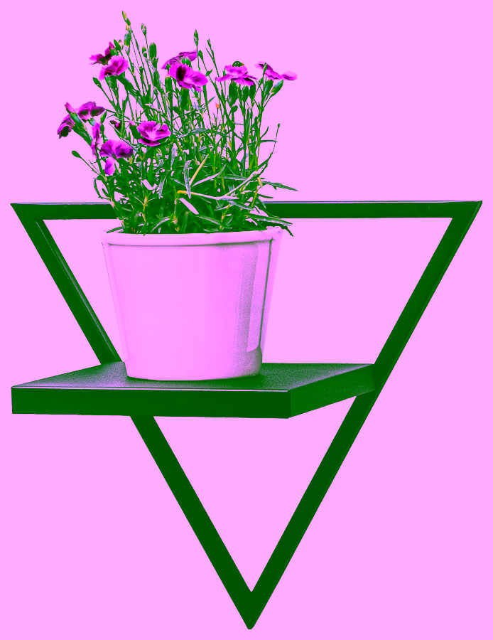 Wall-mounted flower pot with a metal shelf. Modern hanging shelf.