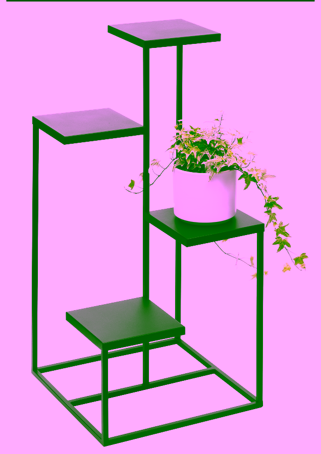 Plant stand with metal shelves. Cascading flower pot.