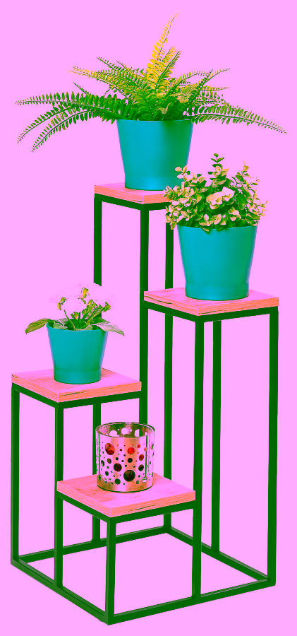 Metal flowerbed, plant stand with four wooden tops.